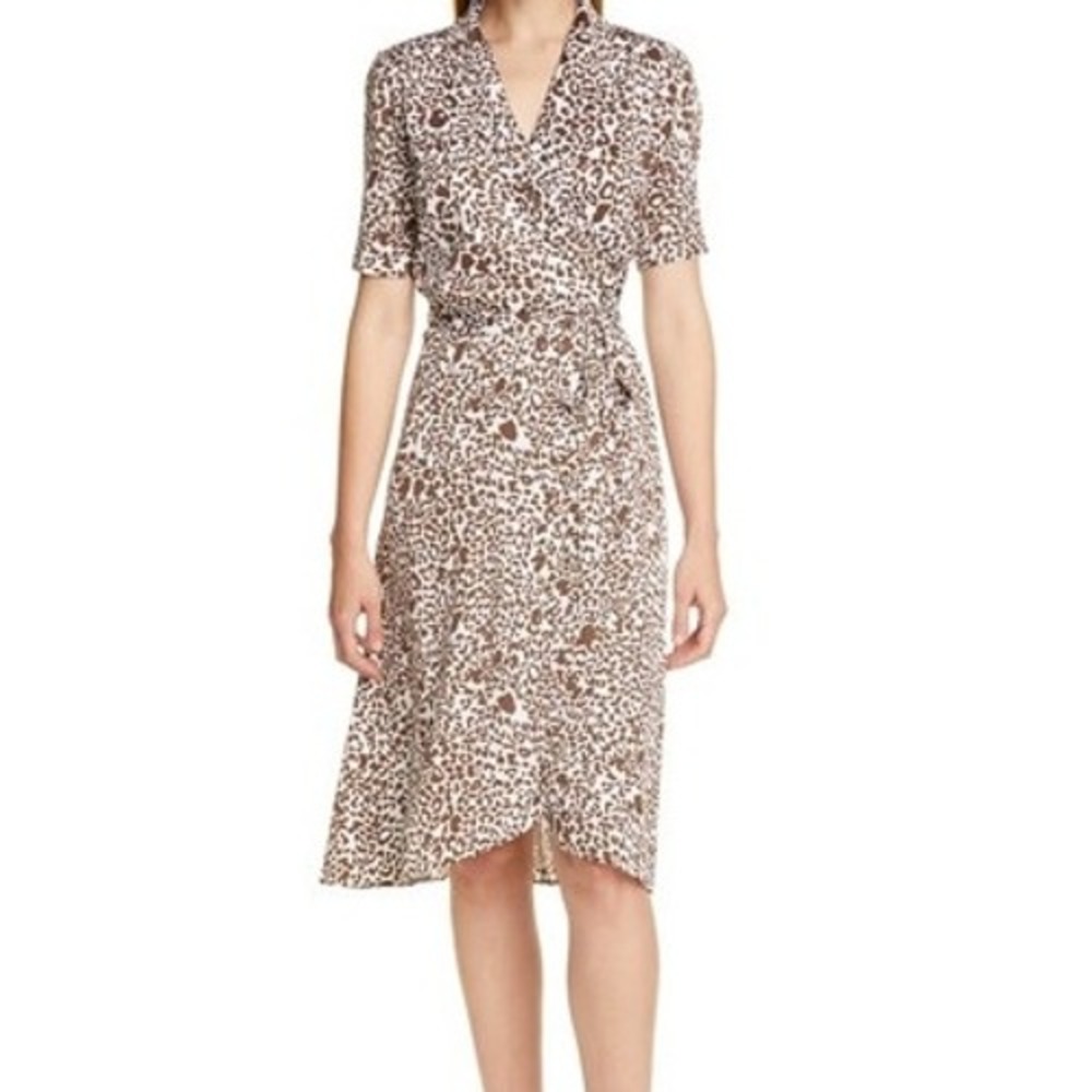 Lewit Animal Print Silk Wrap Dress 14/L Brown Tie Waist Mob Wife Office Stretch